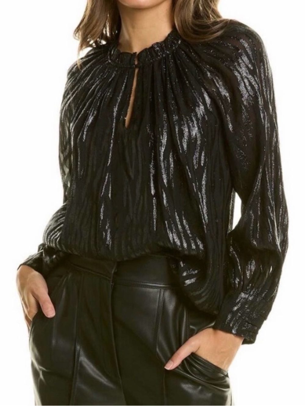 Rebecca Taylor Safari Silk Blend Black Metallic Long-Sleeve Blouse size 10